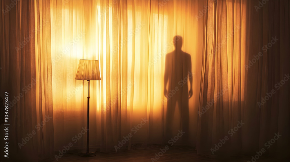 Aufkleber mysterious 3d cartoon silhouette visible through sheer curtains with a soft lamp glow, creating an e