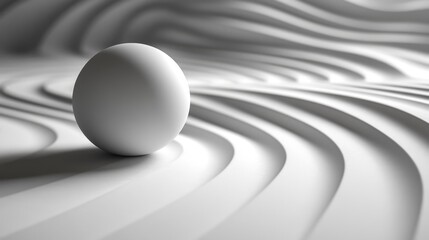 Minimalist 3D render of a white sphere on a curved abstract surface. Generative AI