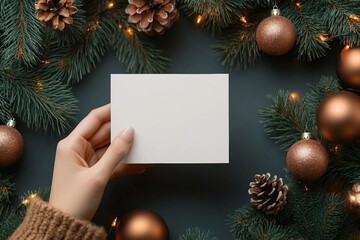 female hand holding blank paper card on background of christmas decorations. Christmas greeting card mockup. top view