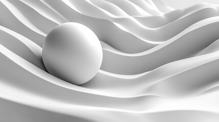 3D abstract background with a white sphere on smooth flowing waves minimalistic and futuristic design with soft curves. Generative AI