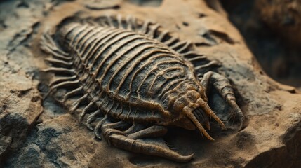 Close-up of a fossilized trilobite, perfectly preserved in ancient rock.