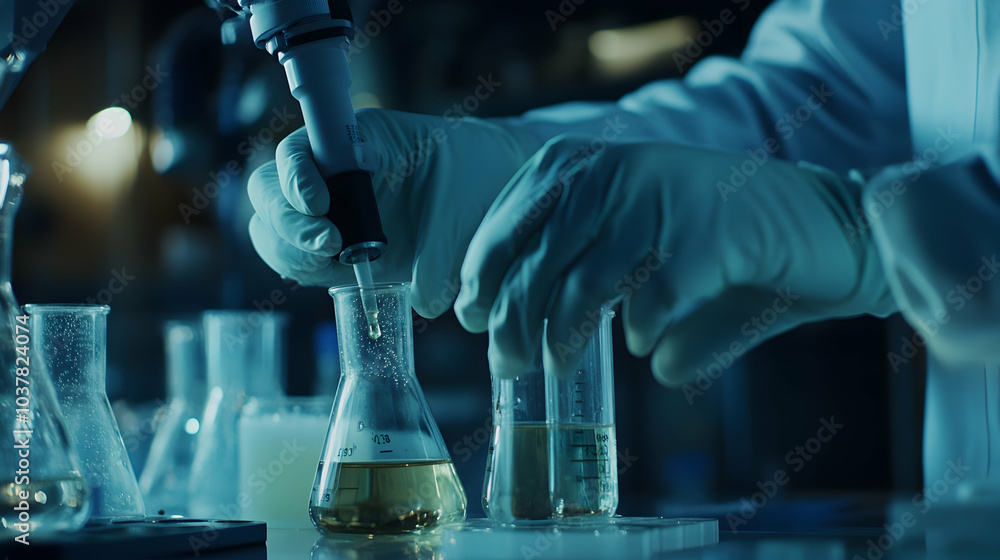 Poster scientist in gloves conducting an experiment with beakers, highlighting laboratory work -
