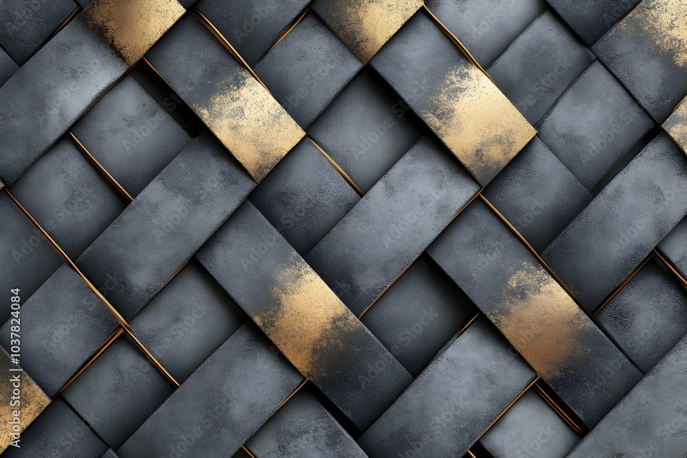 Aufkleber seamless realistic texture showing gray tiles in a wicker pattern with golden highlights, 3d cartoon
