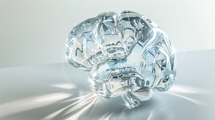 a brain depicted as a delicate glass sculpture, with light refracting through its transparent surface