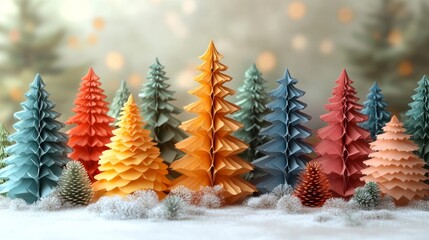 Colorful origami Christmas trees on snow with beige bokeh background. Generative AI