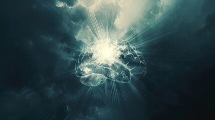 a brain depicted as a glowing beacon amidst a sea of darkness, with rays of light radiating outward