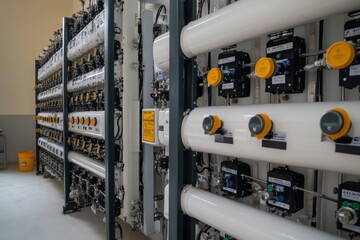 A modern water desalination plant, with advanced filtration systems and digital control panels enhancing water management
