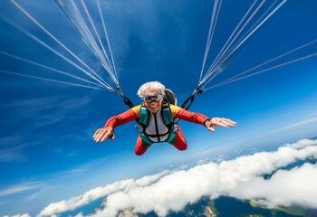 A woman smiles as she paraglides high above a mountain range, with clouds below and blue sky overhead.