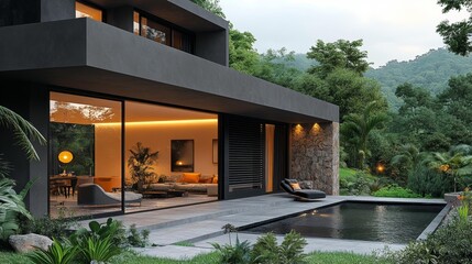 Modern house with large glass windows and roller shutter doors surrounded by lush greenery and nature evening ambiance. Generative AI