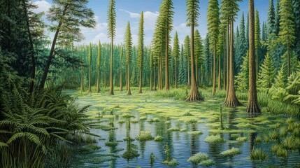 Obraz premium Dense swamp of towering horsetails and early ferns during the Carboniferous period.