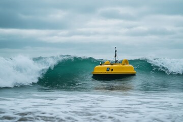 Fototapeta premium A wave energy converter device harnessing ocean waves, with smart technology tracking the movement and power generated