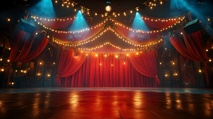 A dynamic circus platform featuring scarlet curtains and shimmering lights, fostering a fantastical atmosphere for an extraordinary show.