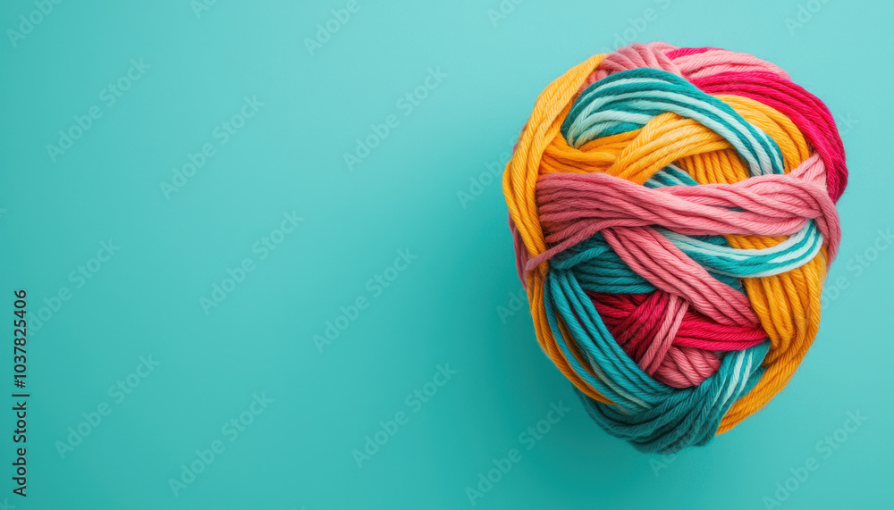 Poster A vibrant, multicolored ball of yarn sits on a teal background, showcasing an array of colors perfect for knitting and crafting.