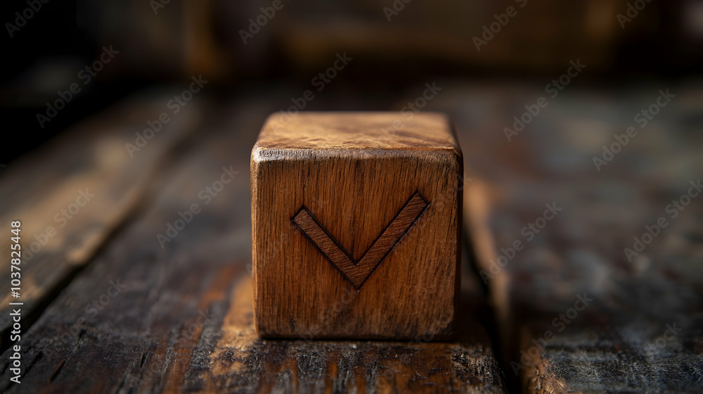 Poster wooden block with a check mark symbolizing quality assurance -
