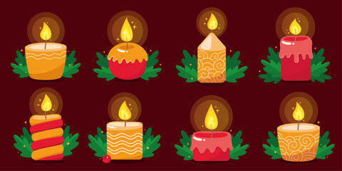 Collection of burning christmas candles. Red and yellow candles. New year. Striped candles, candles with ornaments, holly green leaves. Vector illustration for a holiday card. Magic.