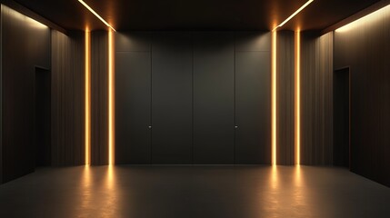 A cinematic front view of an interior room featuring a minimalist design, illuminated by subtle, dark lighting that creates a moody atmosphere. This space showcases clean lines and a carefully curated