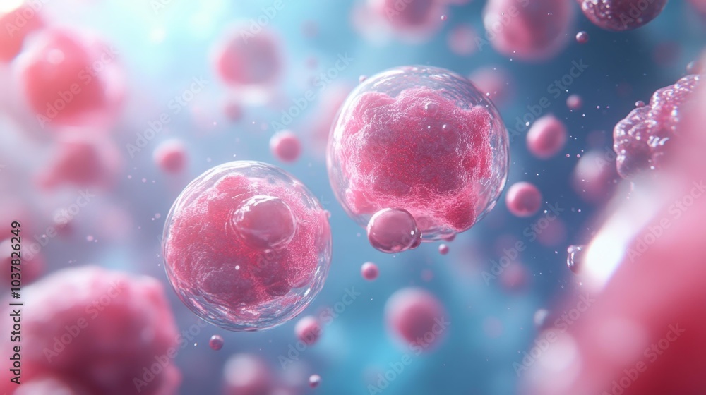 Fototapete close-up of pink microscopic cells floating in a blue liquid environment high-quality 3d rendering o
