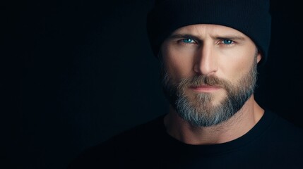 Intense portrait of a man in a beanie with a striking gaze