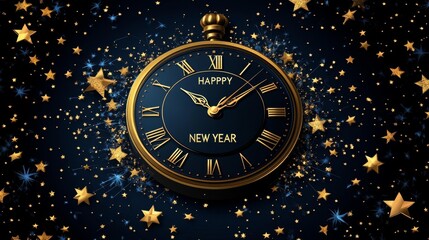 Fototapeta premium New Year's Eve Banner with Golden Clock and Glowing Stars on Dark Blue Background. Generative AI