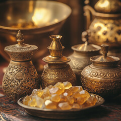Gifts of the Wise Men: gold coins, frankincense resin, and myrrh in ornate containers, soft natural light highlighting the rich textures and intricate designs, warm and regal atmosphere