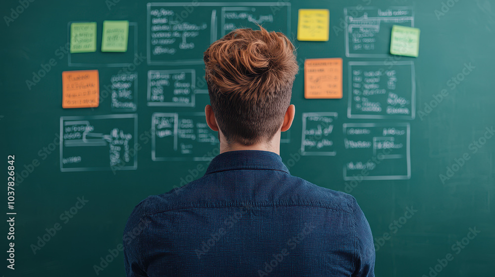 Aufkleber a person is seen from behind, gazing at a chalkboard filled with colorful sticky notes and written p