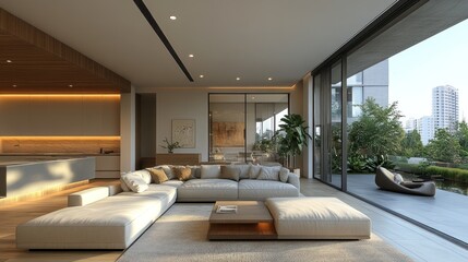 Modern living room with large windows and cozy seating area.