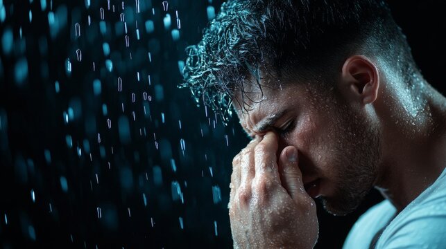 Emotional man in the rain expressing deep feelings
