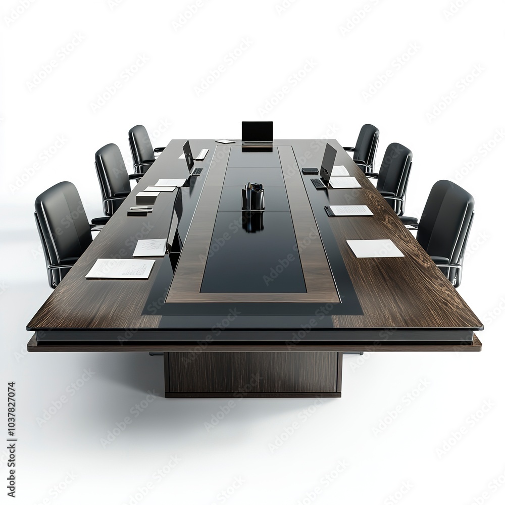 Poster a large rectangular boardroom table with laptops and documents, business setting, 3d rendering, dark