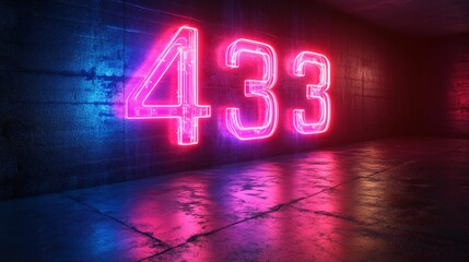 Neon pink "433" glowing numbers on a dark wall with reflective blue lighting creating a futuristic cyberpunk-inspired visual perfect for gaming tech or event marketing. Generative AI