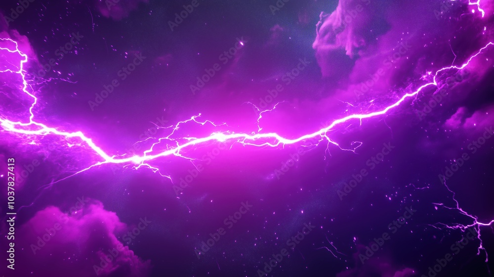 Poster Dynamic 3D rendering of purple lightning in a deep space background with dark galaxy elements. The scene captures intense thunder and glowing purple light within an abstract nebula, creating an otherw