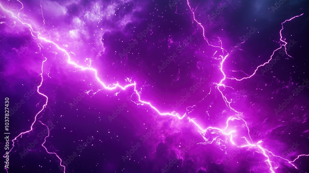 Poster Dynamic 3D rendering of purple lightning in a deep space background with dark galaxy elements. The scene captures intense thunder and glowing purple light within an abstract nebula, creating an otherw
