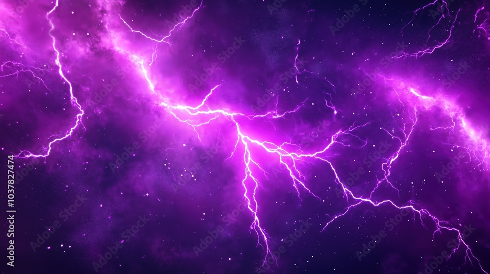 Leinwandbilder Dynamic 3D rendering of purple lightning in a deep space background with dark galaxy elements. The scene captures intense thunder and glowing purple light within an abstract nebula, creating an otherw