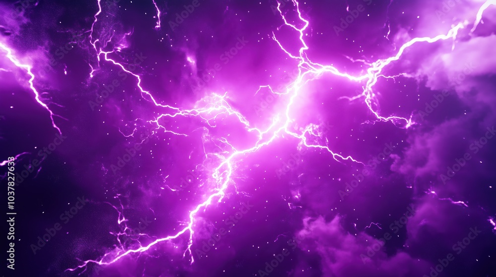 Poster Dynamic 3D rendering of purple lightning in a deep space background with dark galaxy elements. The scene captures intense thunder and glowing purple light within an abstract nebula, creating an otherw