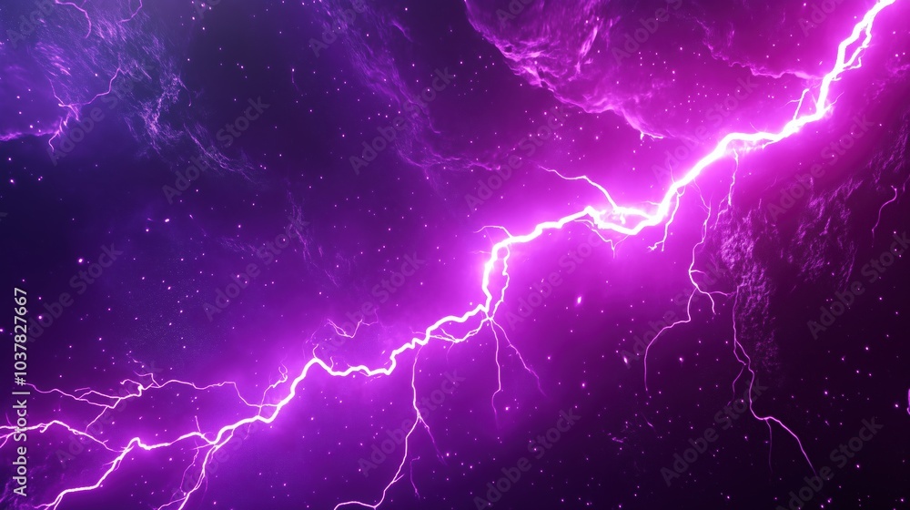 Poster Dynamic 3D rendering of purple lightning in a deep space background with dark galaxy elements. The scene captures intense thunder and glowing purple light within an abstract nebula, creating an otherw