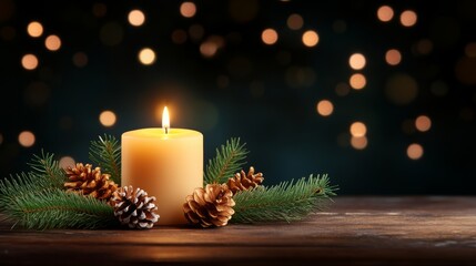 Cozy candle centerpiece with pinecones and holiday ambiance