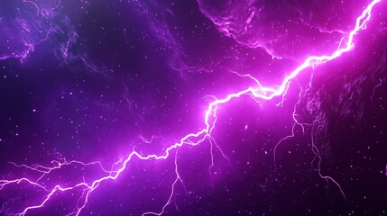 Dynamic 3D rendering of purple lightning in a deep space background with dark galaxy elements. The scene captures intense thunder and glowing purple light within an abstract nebula, creating an otherw