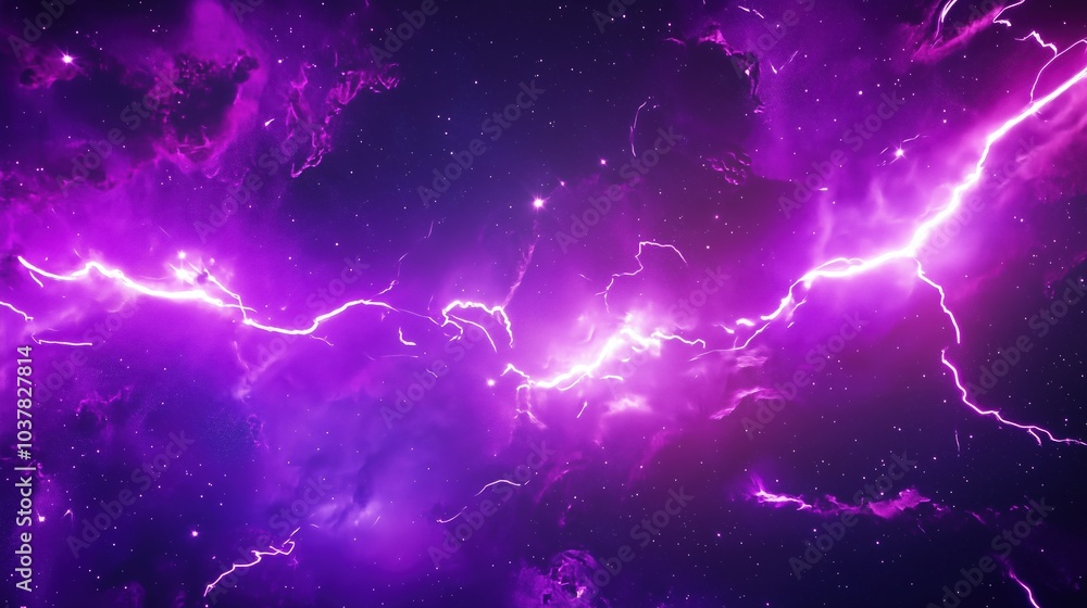 Poster Dynamic 3D rendering of purple lightning in a deep space background with dark galaxy elements. The scene captures intense thunder and glowing purple light within an abstract nebula, creating an otherw