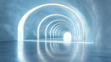 Obraz premium Abstract tunnel with glowing arches in blue tones minimalistic architectural design futuristic hallway with soft light reflections on polished floor. Generative AI