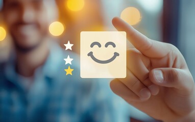 Business person or customer using index finger to point, touch and select a star icon on a virtual screen giving a five star rating for review, service of customer feedback concept. Generative AI