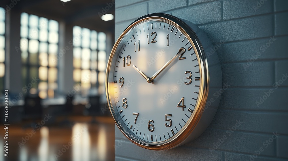 Poster a wall clock displaying time in an office setting.