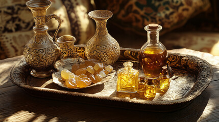 Gold, frankincense, and myrrh presented on a decorative tray, detailed textures of the gold, resin, and oils in carved vessels, soft warm sunlight casting gentle shadows, royal and historical feel