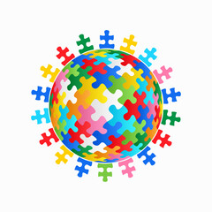 Puzzle children around the globe world puzzle. Vector isolated on white background.