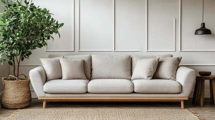 Modern living room interior with cozy beige sofa and potted plant Scandinavian style decor with soft cushions wooden floor and natural elements ideal for home design inspiration. Generative AI