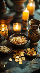 The gifts of the Wise Men set on a wooden table: gold coins, frankincense in a carved bowl, and myrrh in an ornate jar, candlelight creating a soft glow