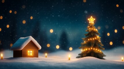 Fototapeta premium Cozy winter scene with a decorated Christmas tree and cabin