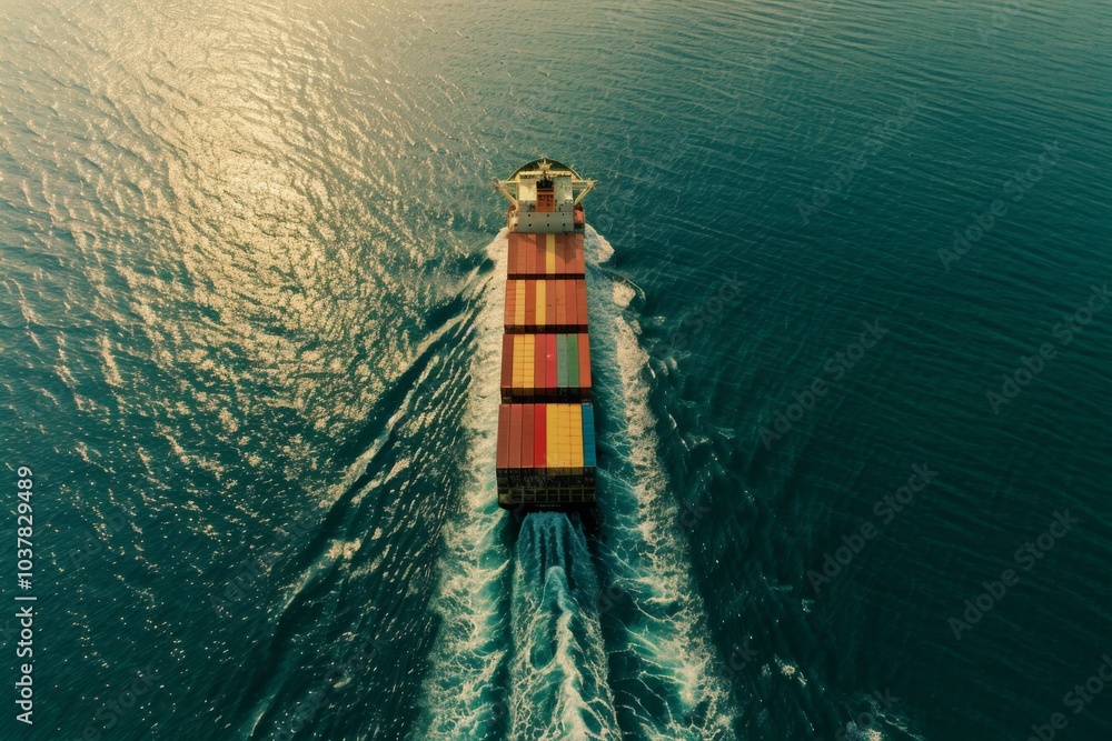 Wall mural a cargo ship sailing on the water, viewed from above, import and export logistics cargo shipping tra