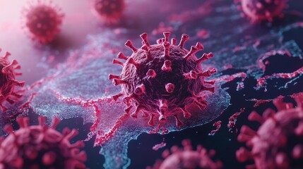 Highly detailed 3D rendering of a red virus particle with spike proteins. Great for scientific medical and health-related visuals.. Generative AI