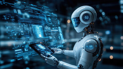 Robots working in front of screens