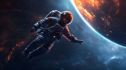 Naklejka premium Spaceman and planet, human in space concept. 