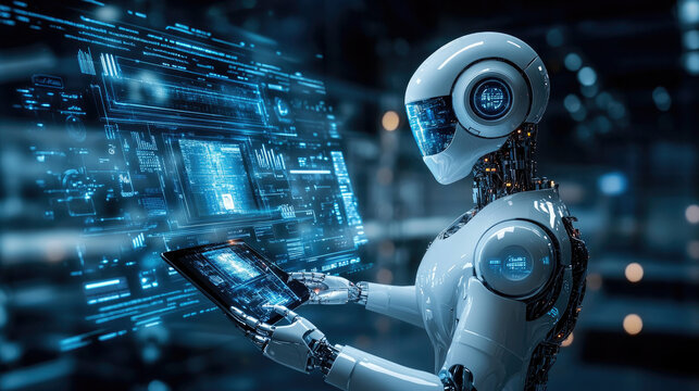 Robots working in front of screens - Powered by Adobe